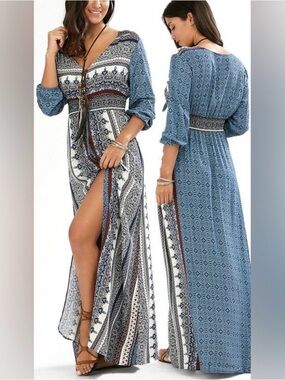 Bohemian Blue Patterned Maxi Dress